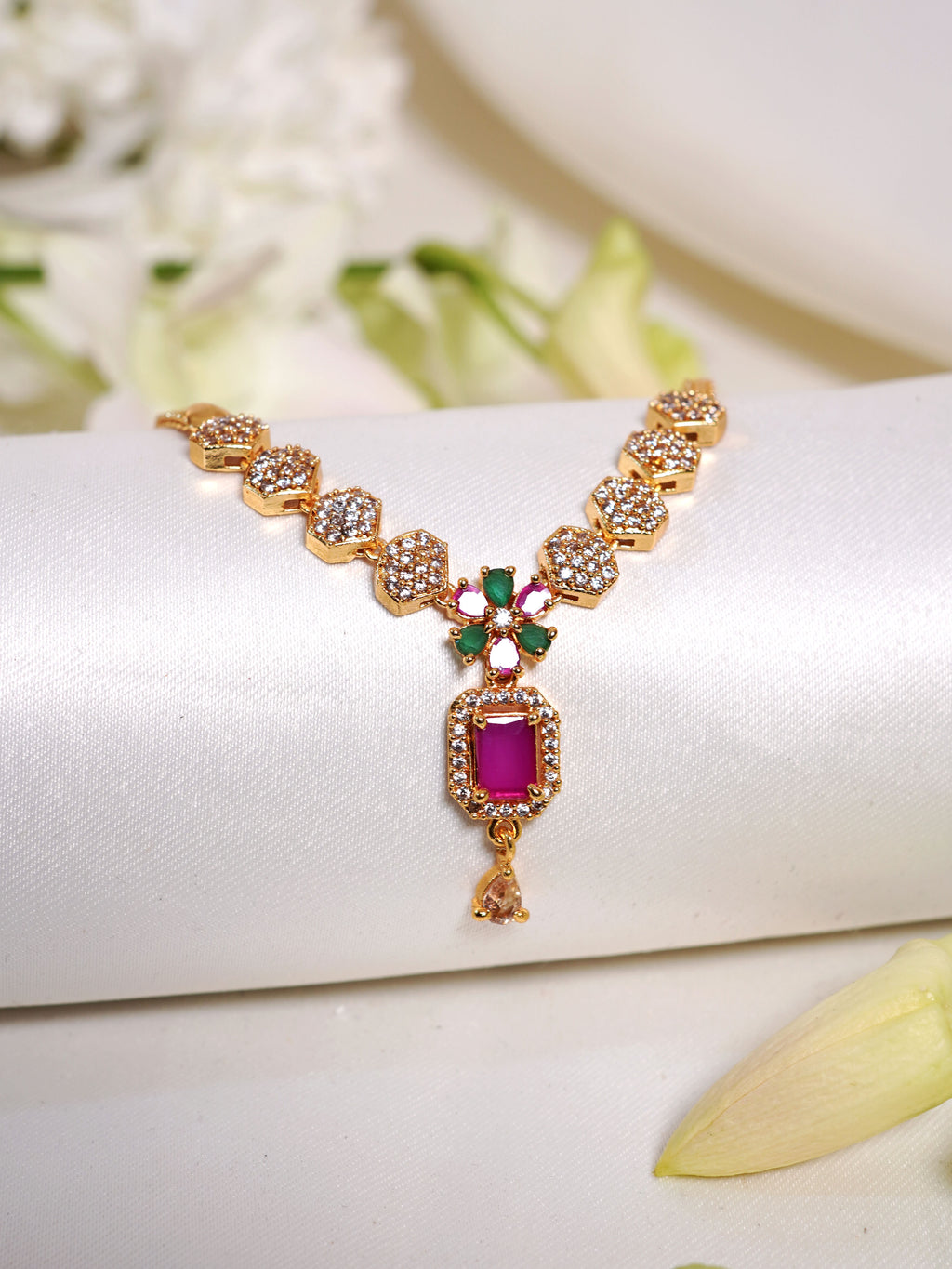 Blush Petal Crystal Pendant Necklace Set
