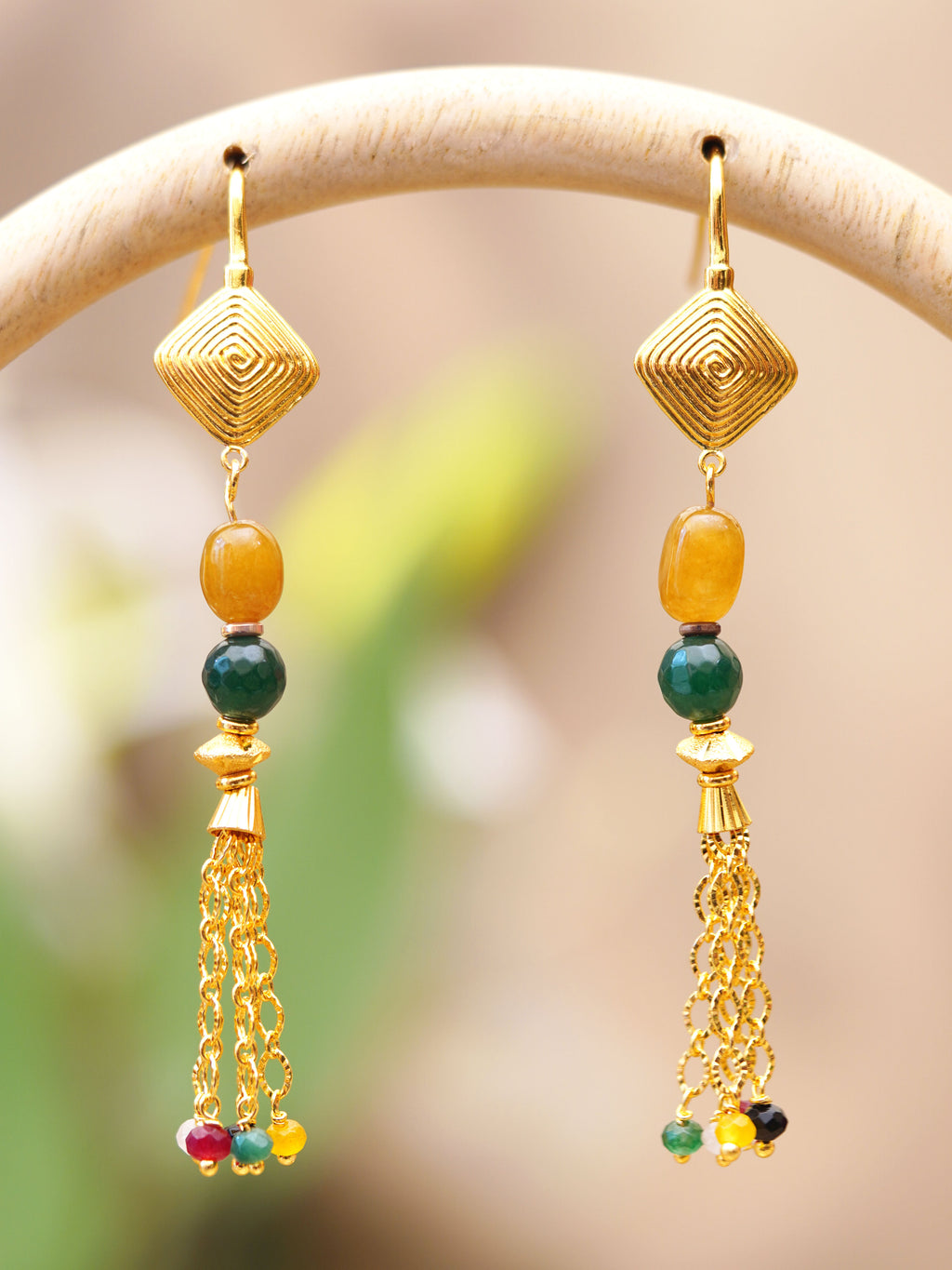 Ochre Green Tassel Drop Earrings