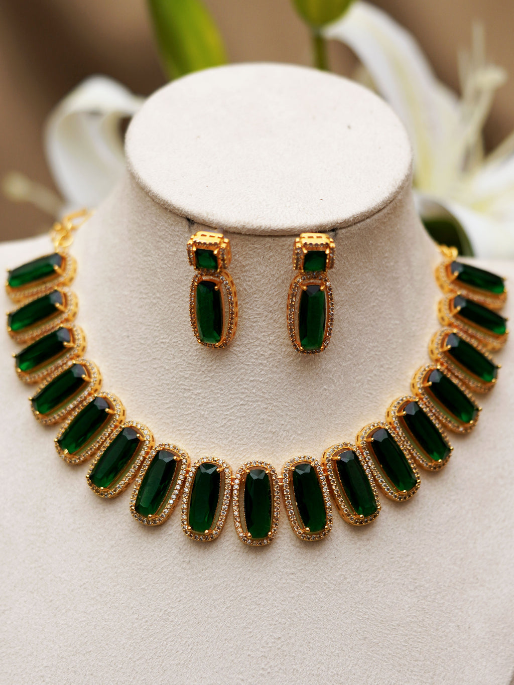 Forest Green Rectangular Stone Necklace Set