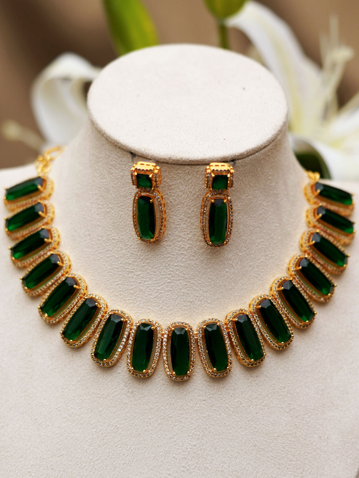 Forest Green Rectangular Stone Necklace Set