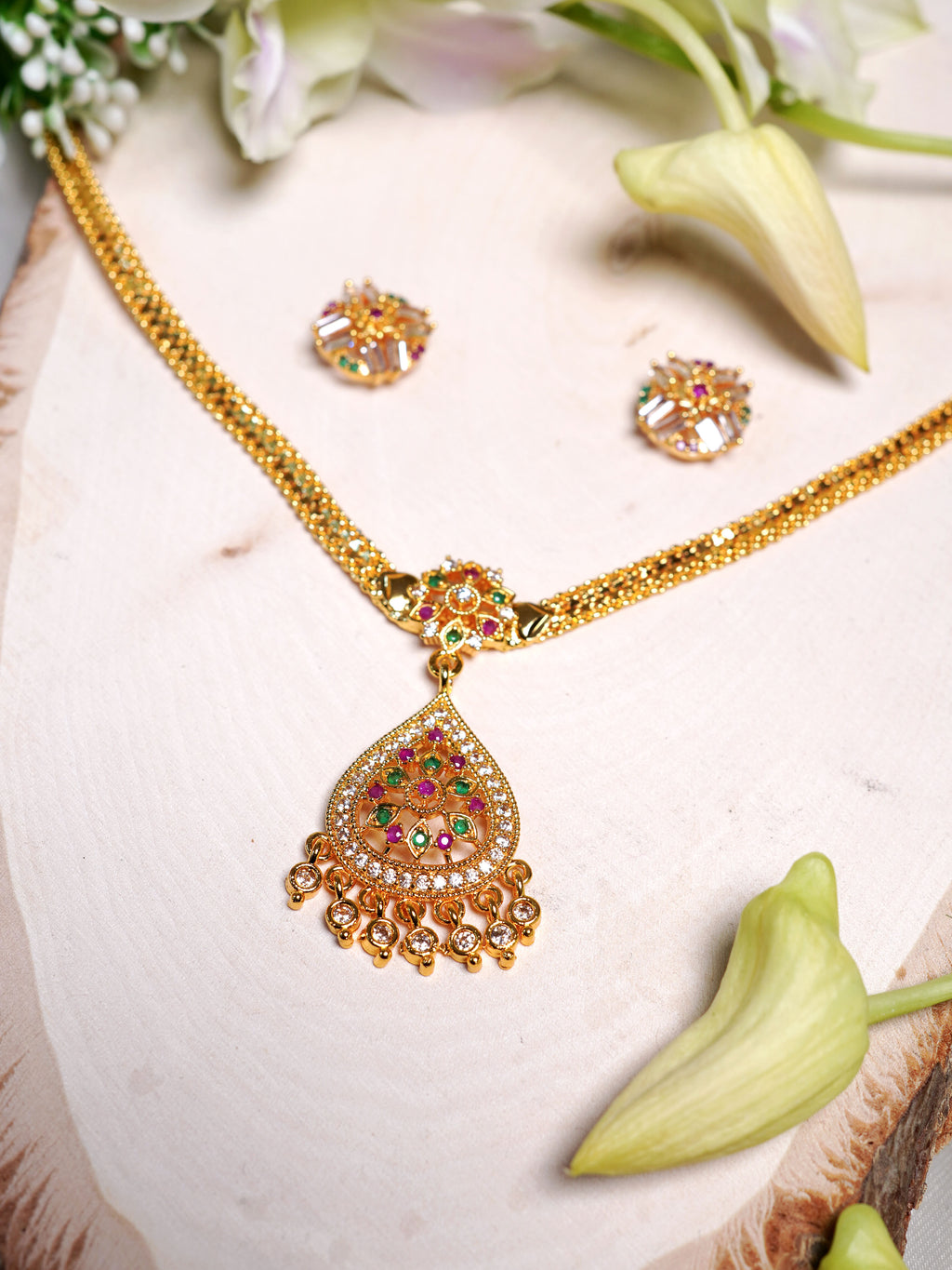 Multicolor Teardrop Floral Pendant Necklace Set