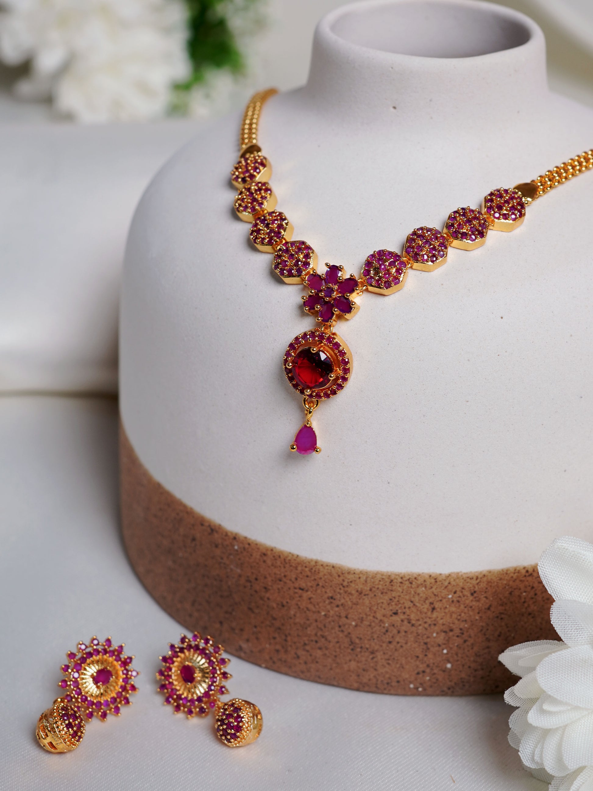 Crimson Bloom Crystal Pendant Necklace Set
