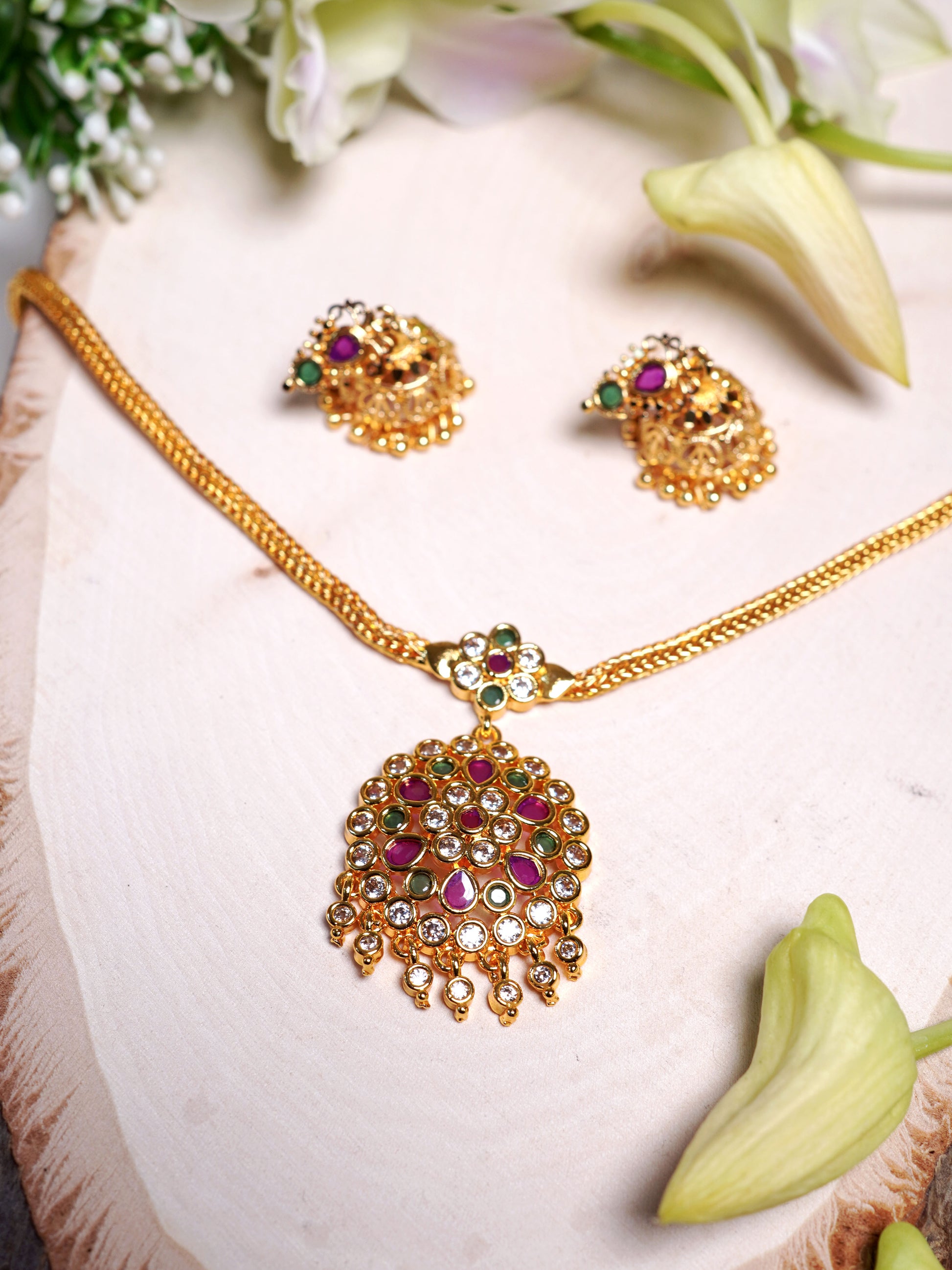 Multicolor Mosaic Kundan Jhumka Necklace Set