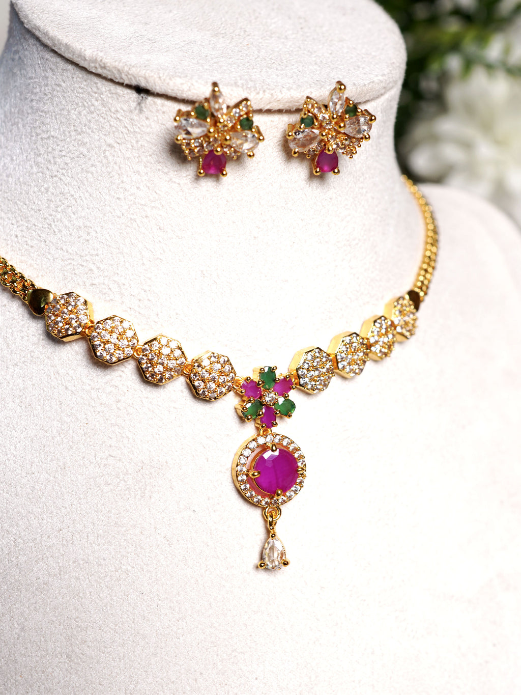 Crimson Garden Crystal Pendant Necklace Set