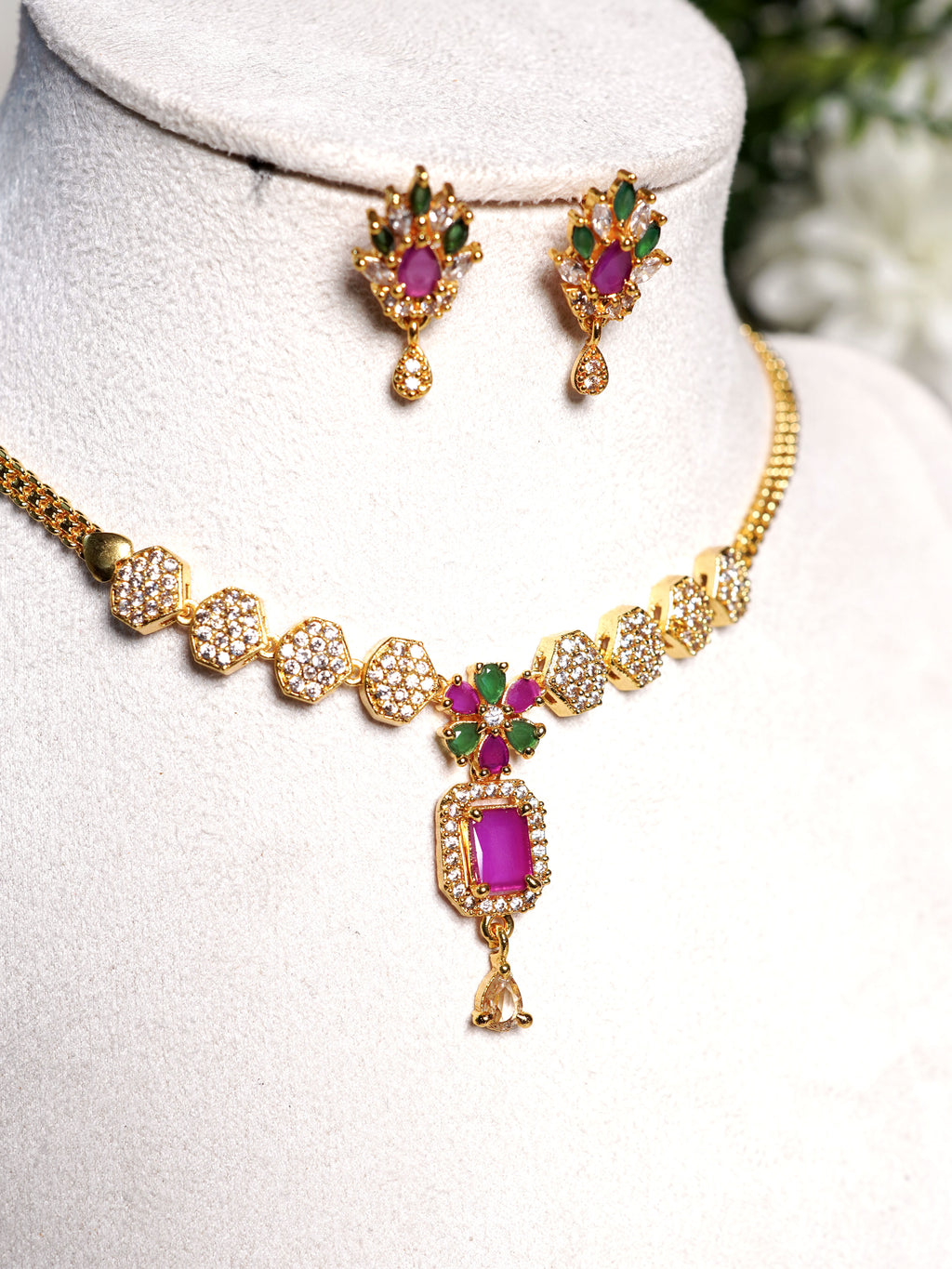Blush Petal Crystal Pendant Necklace Set