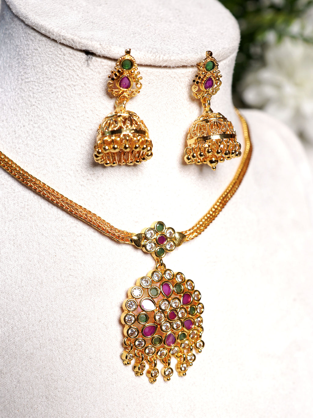 Multicolor Mosaic Kundan Jhumka Necklace Set