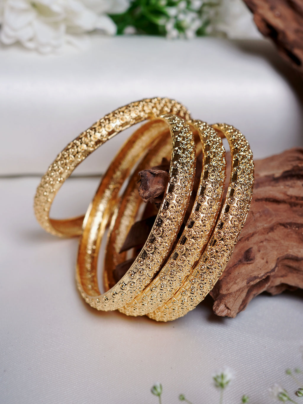 Floral Textured Gold Bangle Set