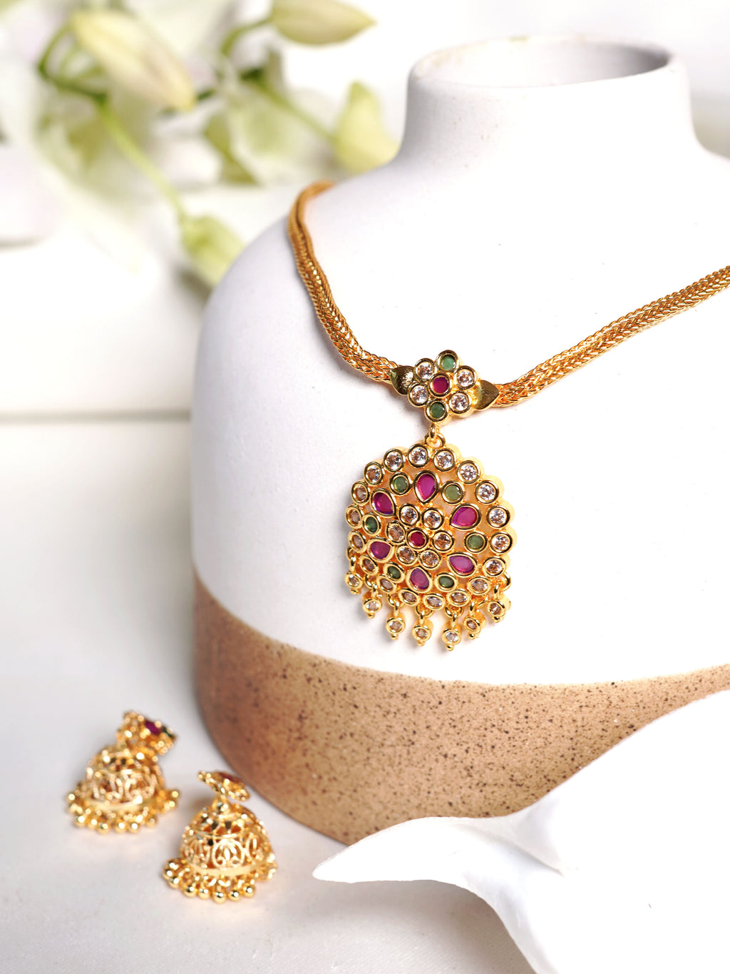 Multicolor Mosaic Kundan Jhumka Necklace Set