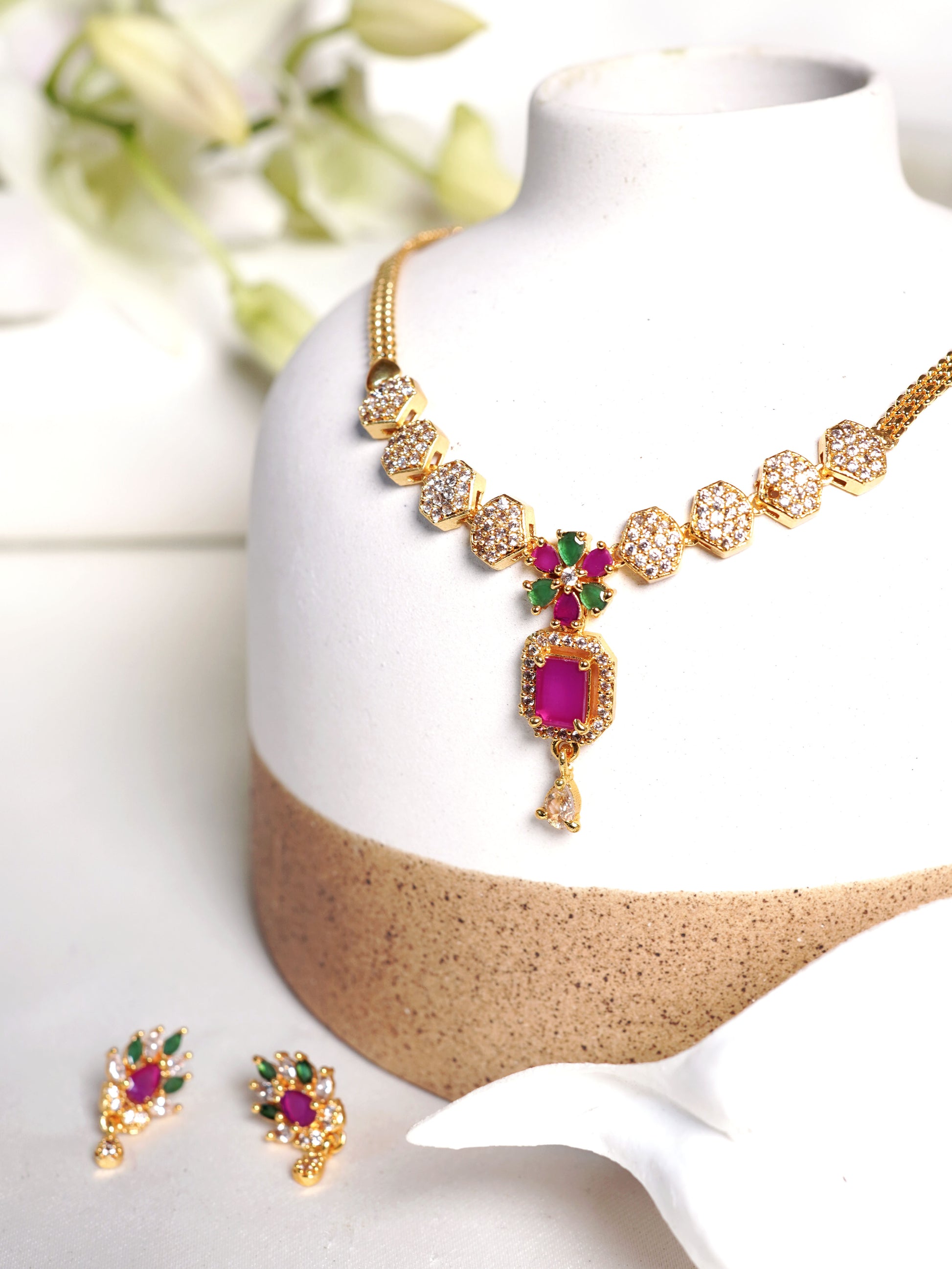 Blush Petal Crystal Pendant Necklace Set