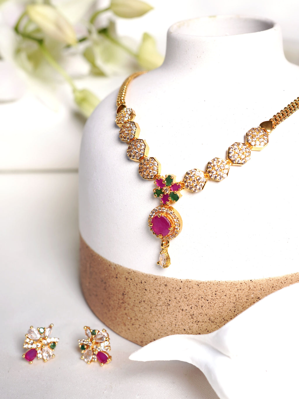 Crimson Garden Crystal Pendant Necklace Set