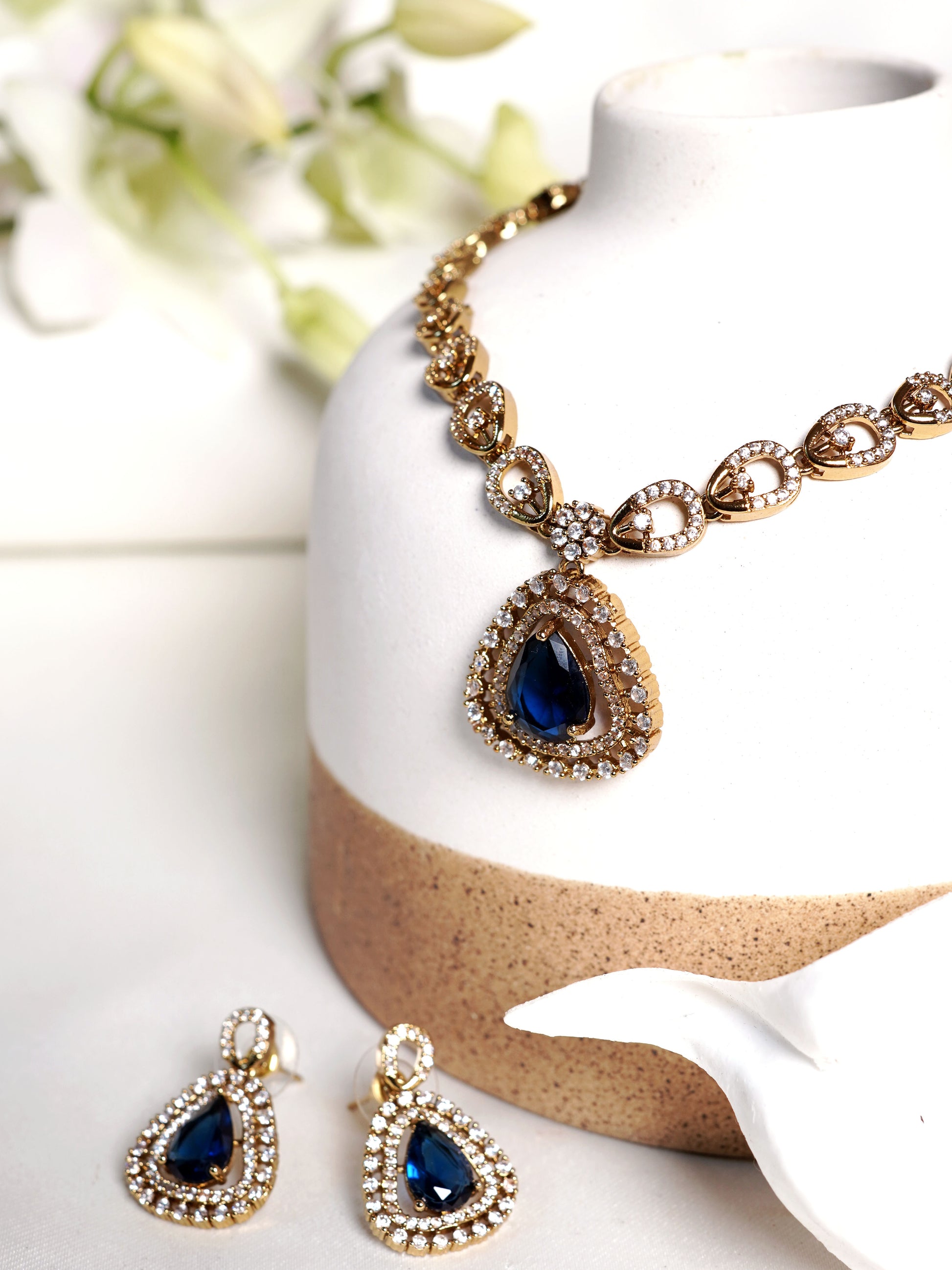 Midnight Blue Teardrop Halo Necklace Set