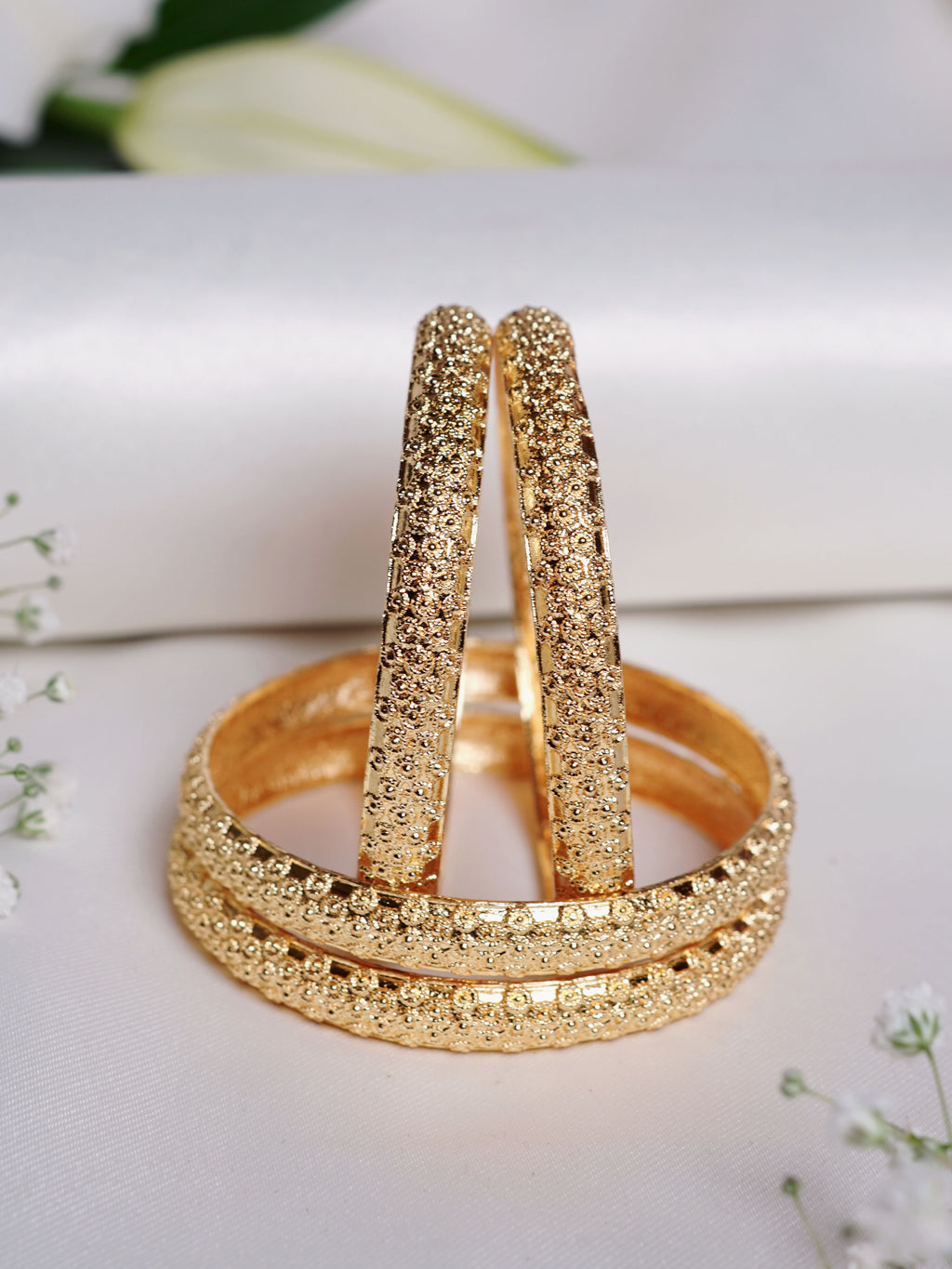 Floral Textured Gold Bangle Set