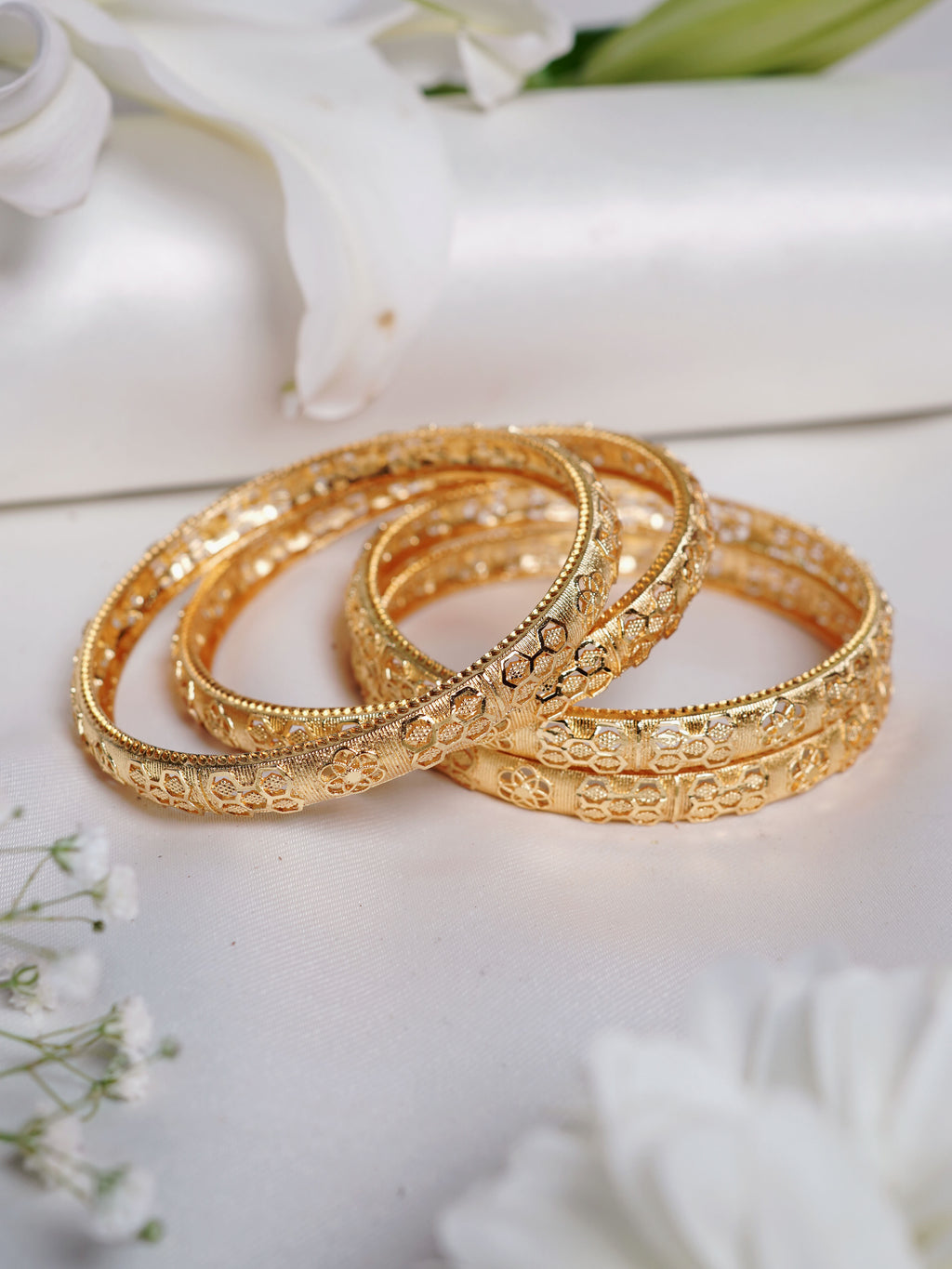 Floral Honeycomb Gold Bangle Set