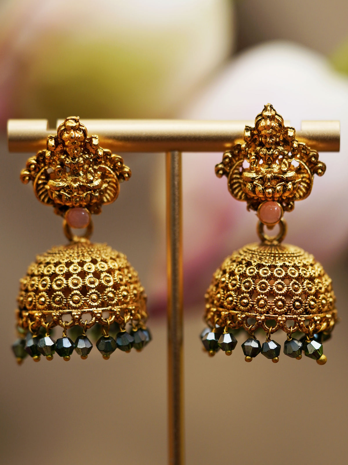Temple Dome Green Bead Jhumka Earrings