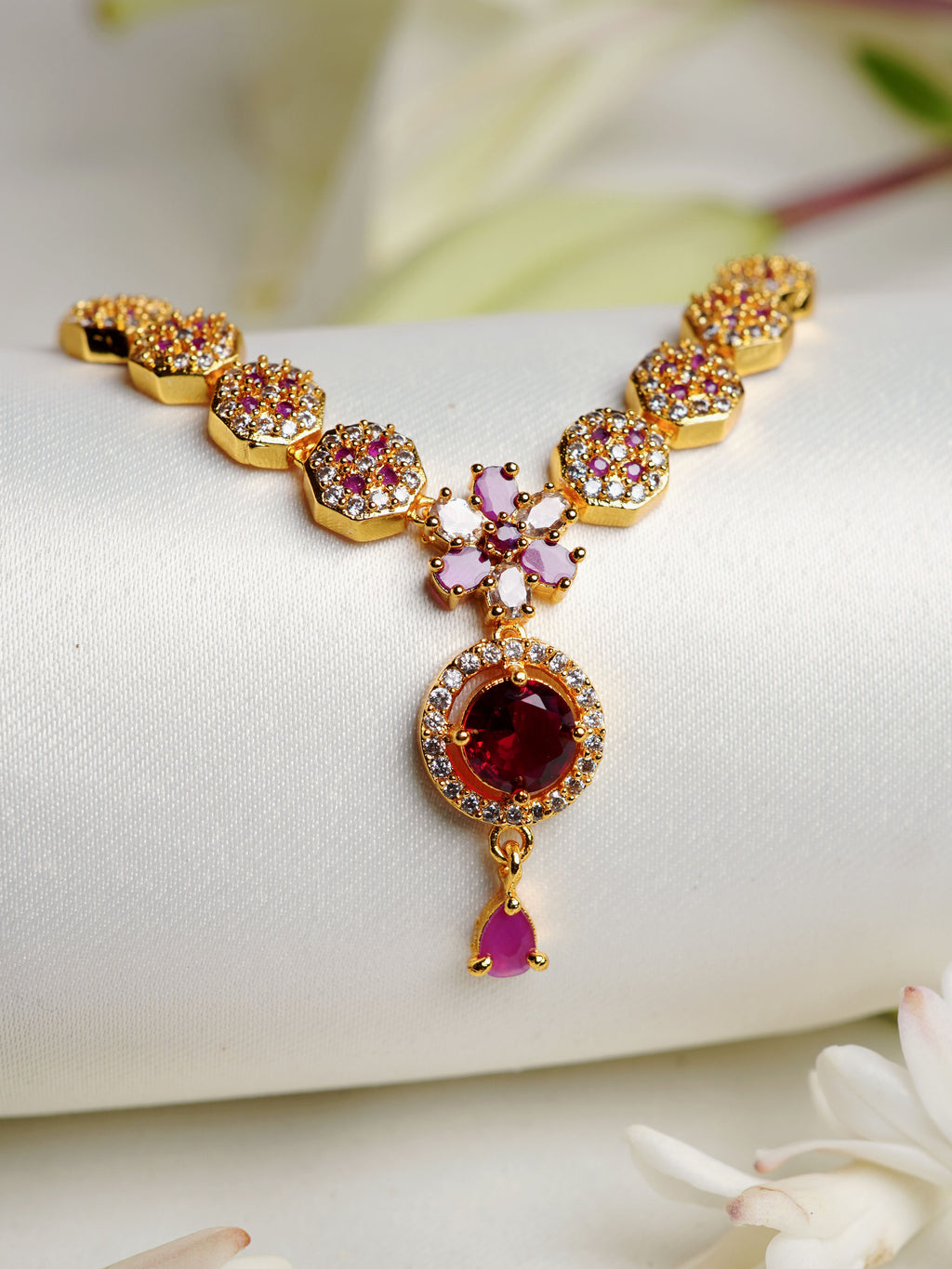 Crimson Radiance Floral Necklace Set