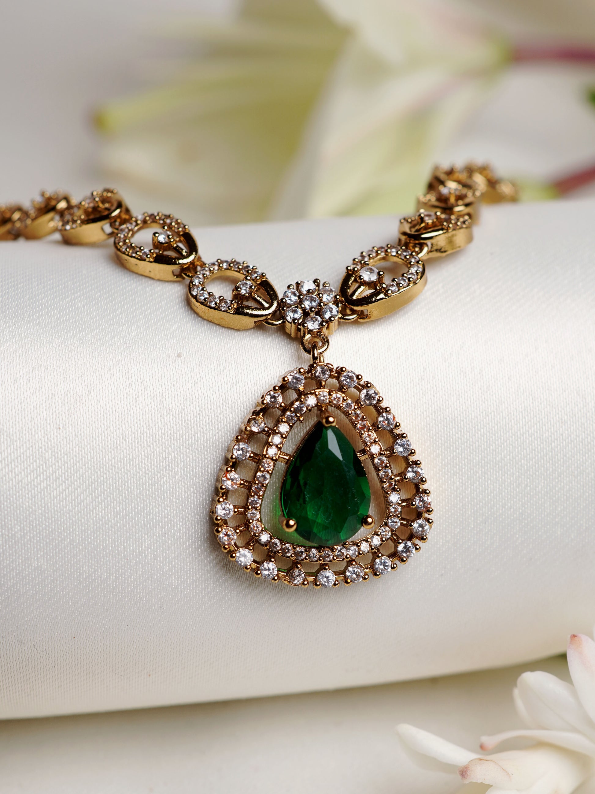 Emerald Teardrop Halo Necklace Set
