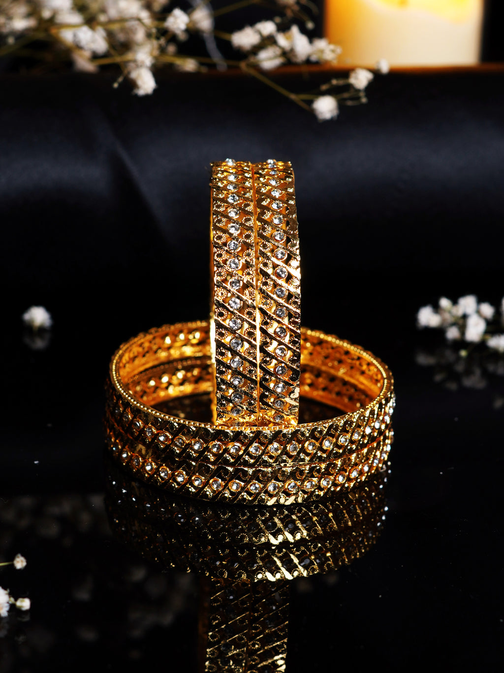 Stone Studded Diagonal Jali Bangle Set