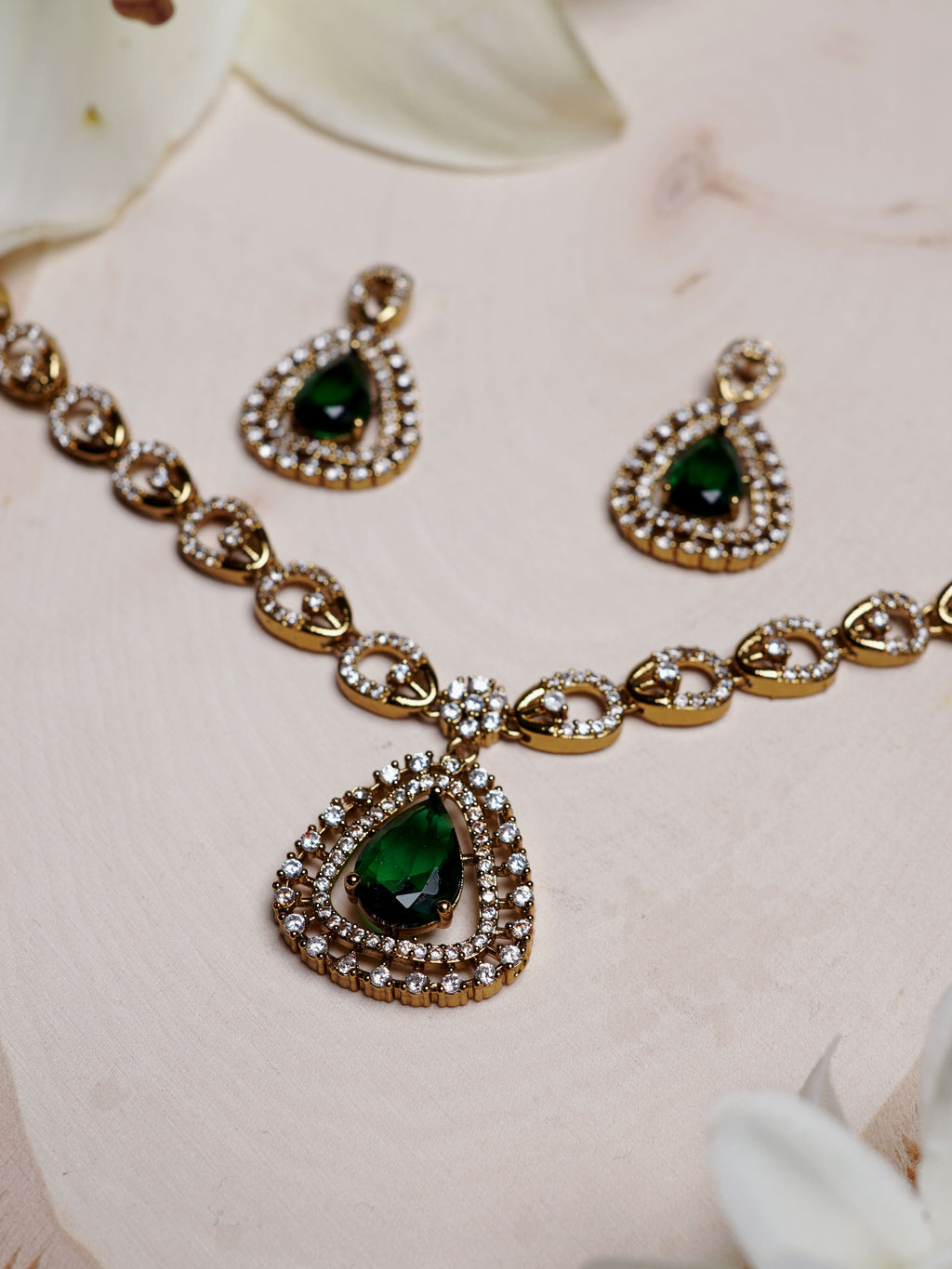 Emerald Teardrop Halo Necklace Set