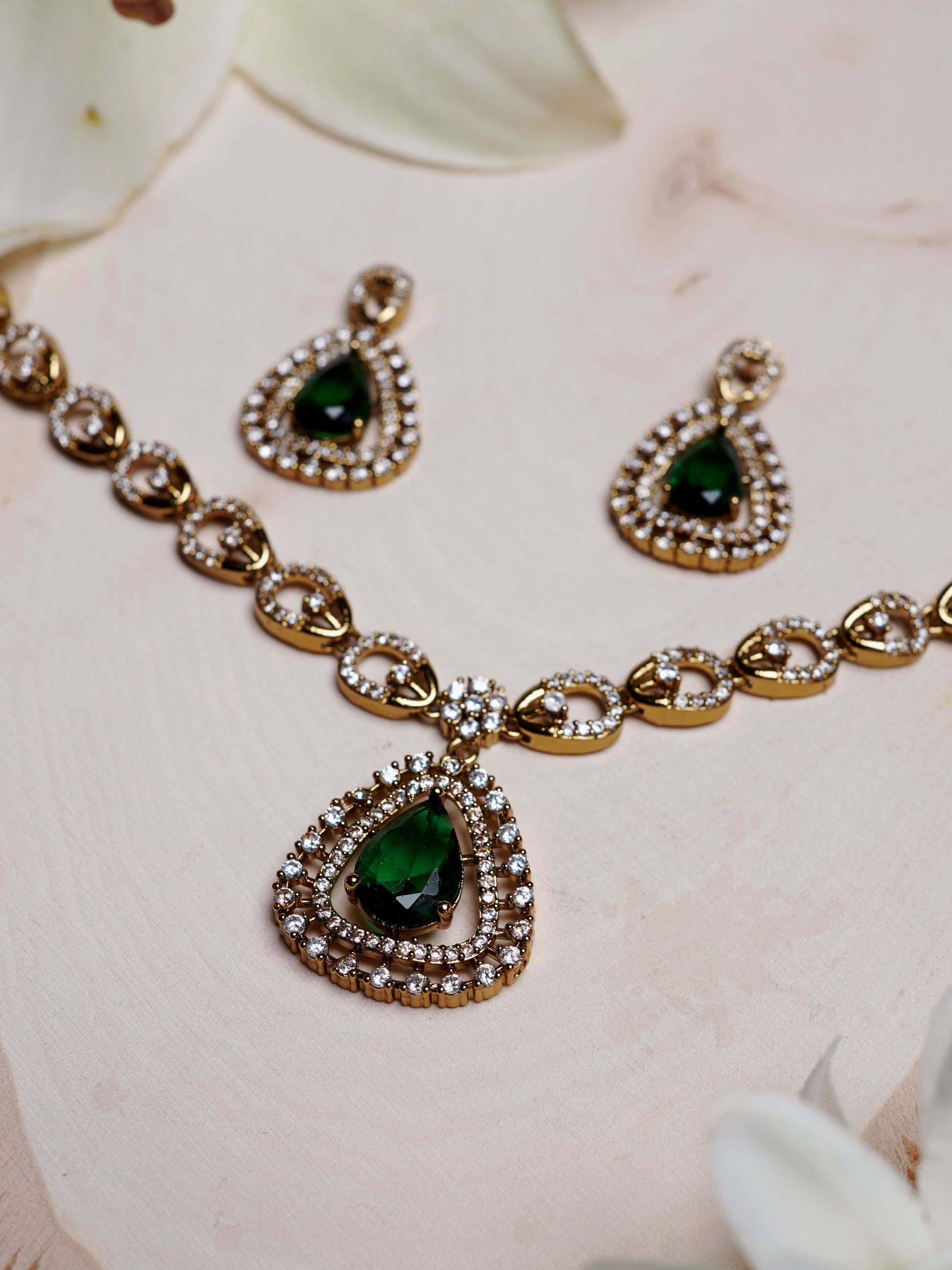 Emerald Teardrop Halo Necklace Set
