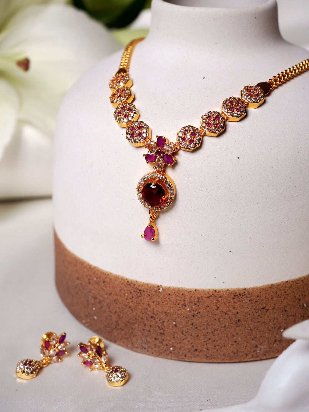 Crimson Radiance Floral Necklace Set