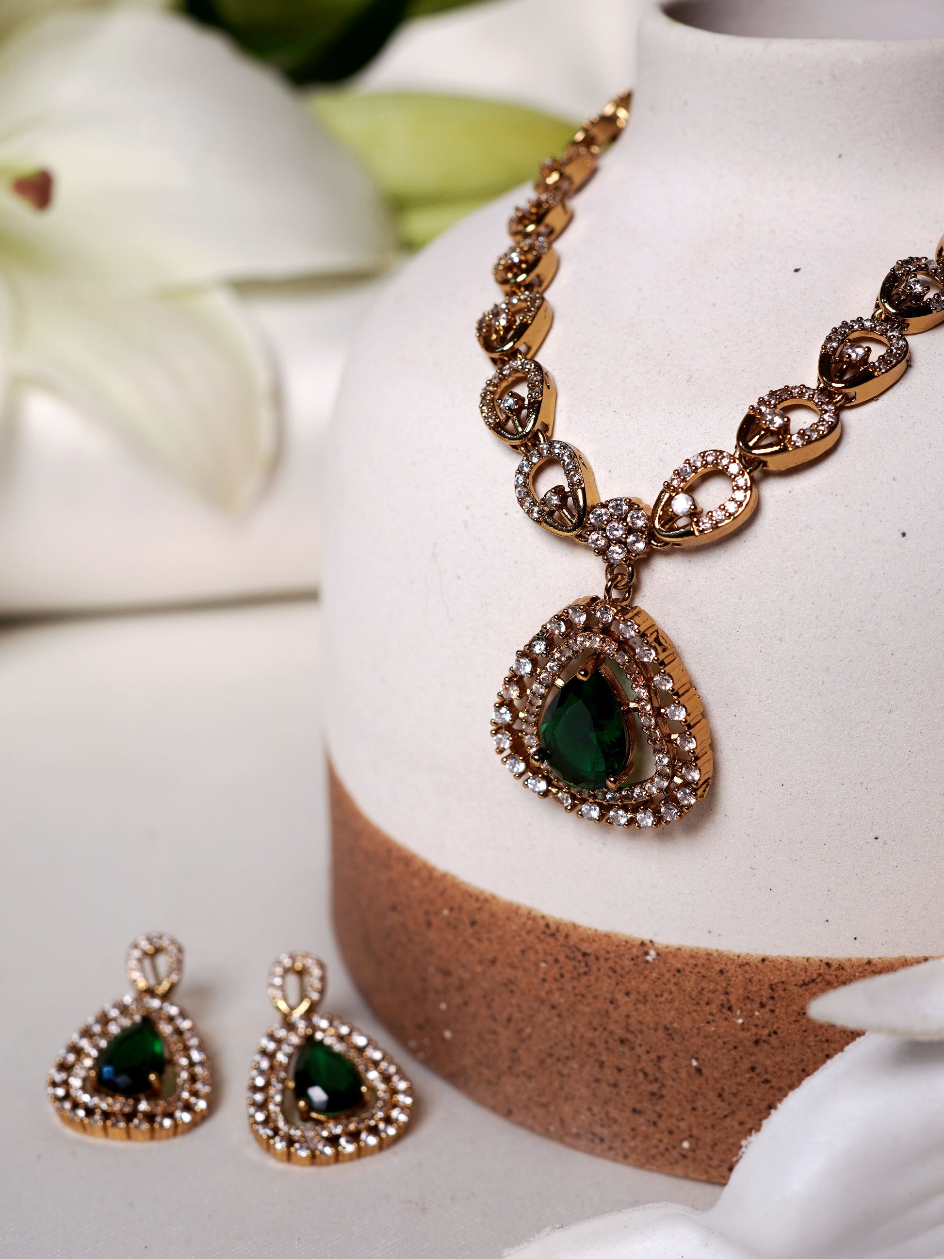 Emerald Teardrop Halo Necklace Set