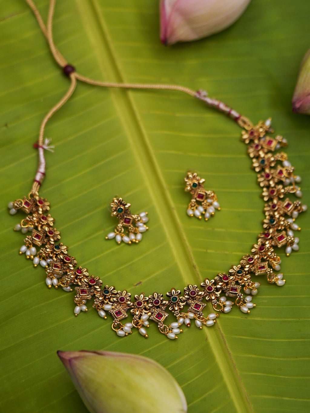 Floral Pearl Drop Antique Necklace Set