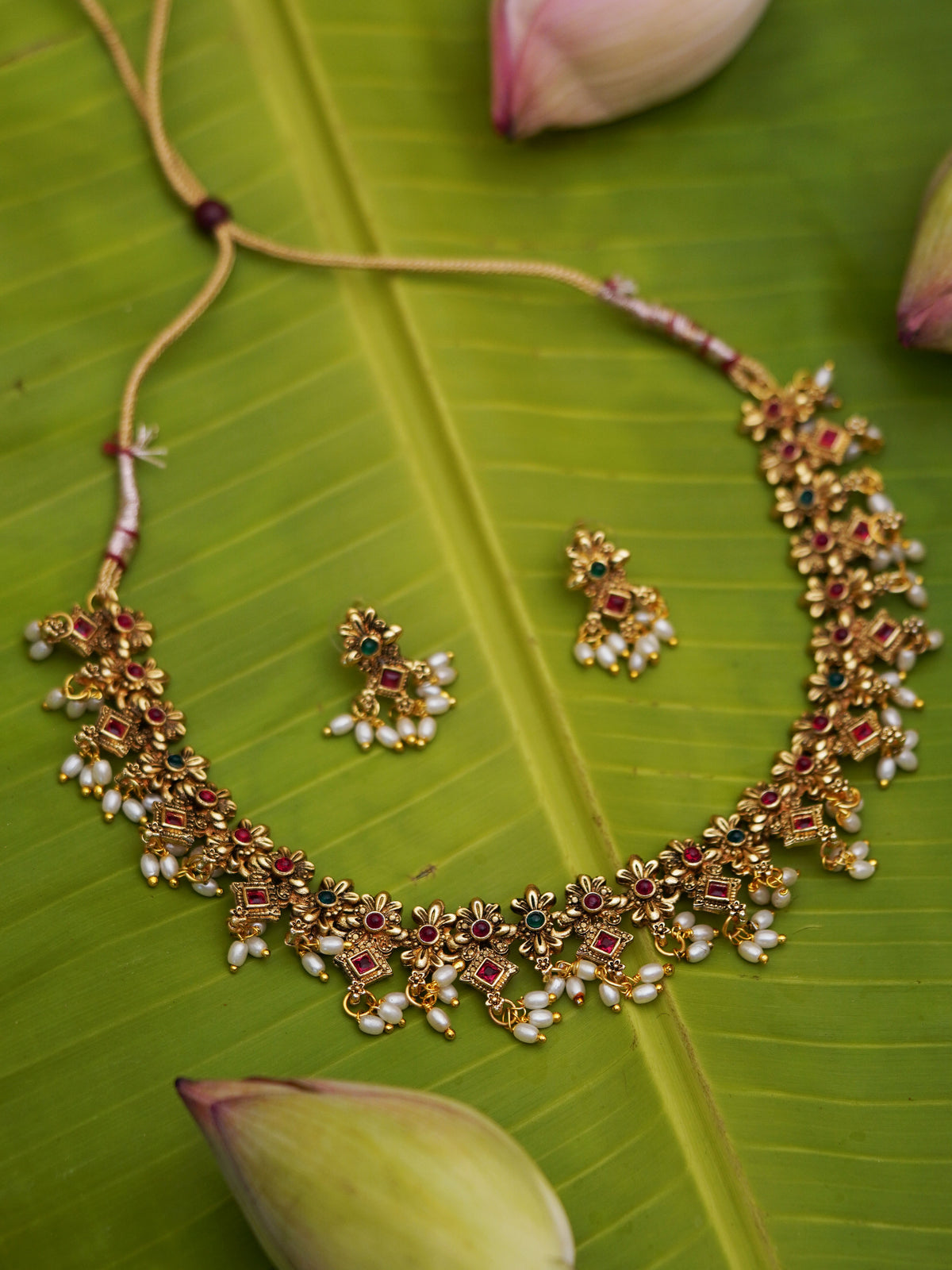 Floral Pearl Drop Antique Necklace Set