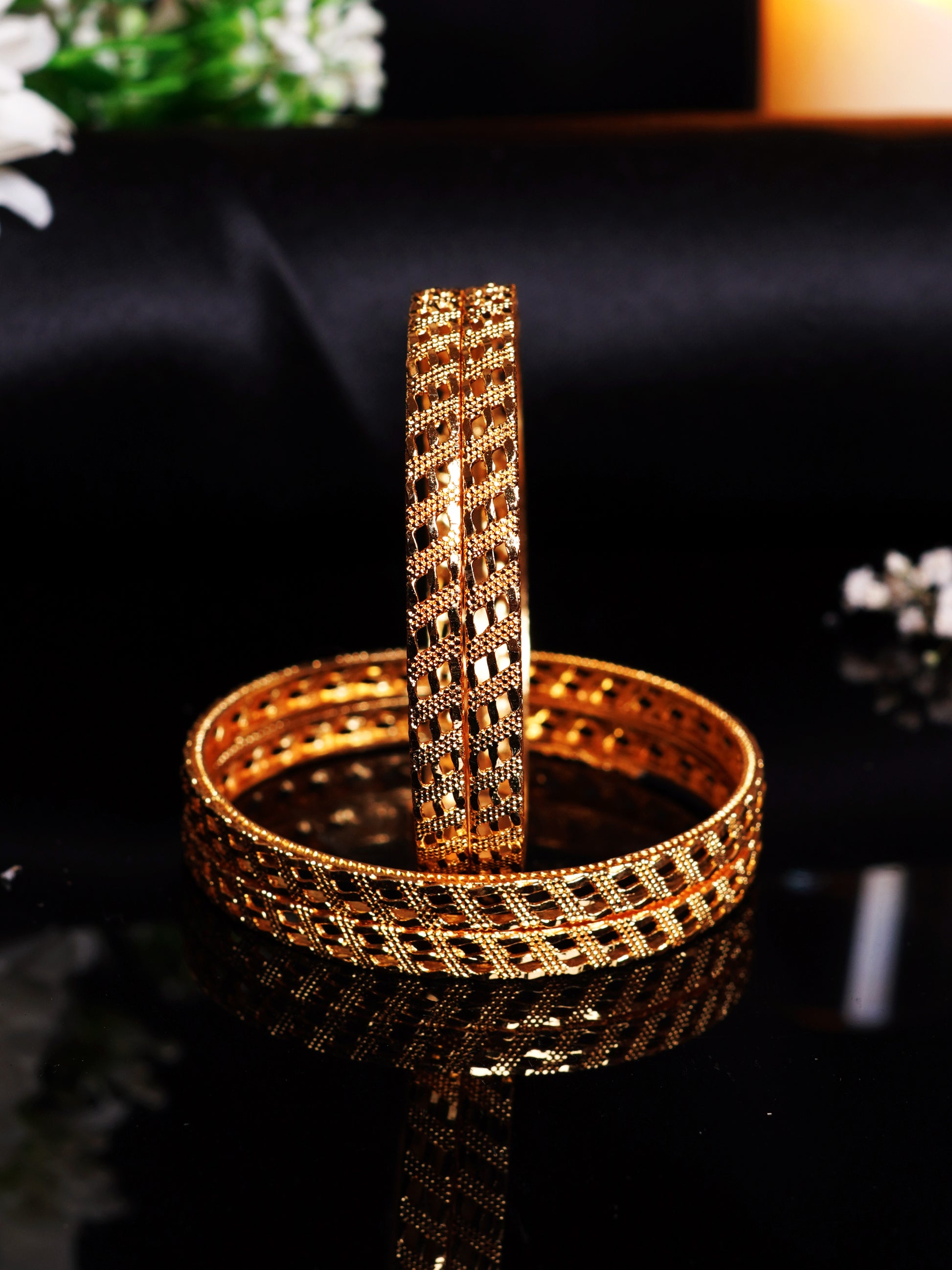 Stone Studded Flower Design Bangle Set