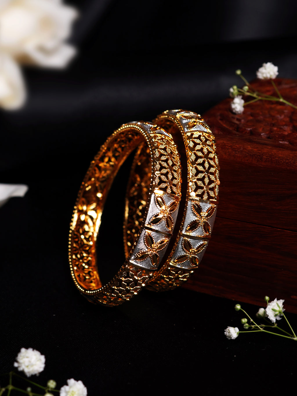 Dual Tone Flower Cutwork Bangle Set