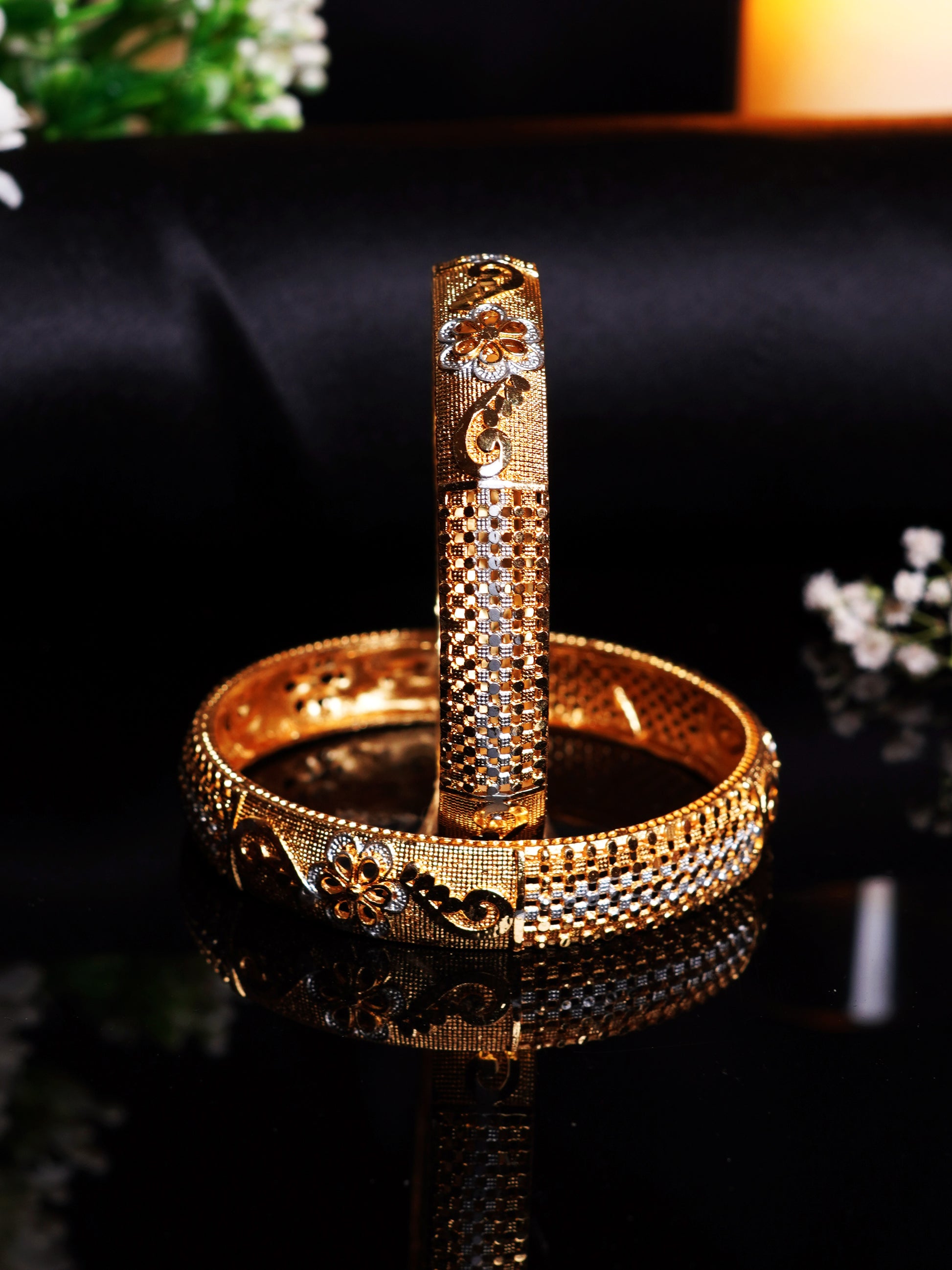 Dual Tone Floral Jali Gold Bangle Set