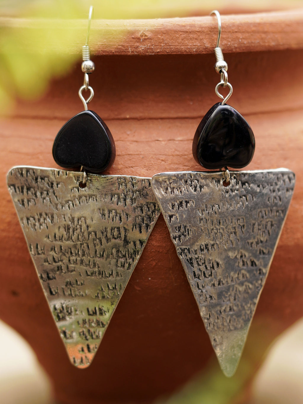 Black Bead Hammered Triangle Earrings