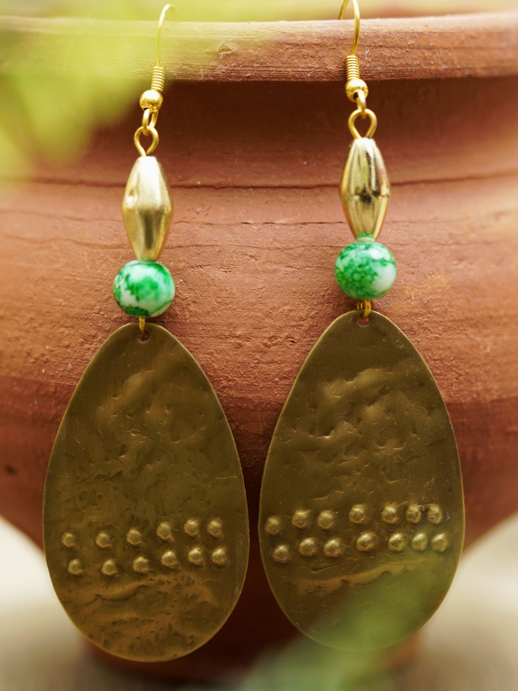Green Bead Hammered Teardrop Earrings