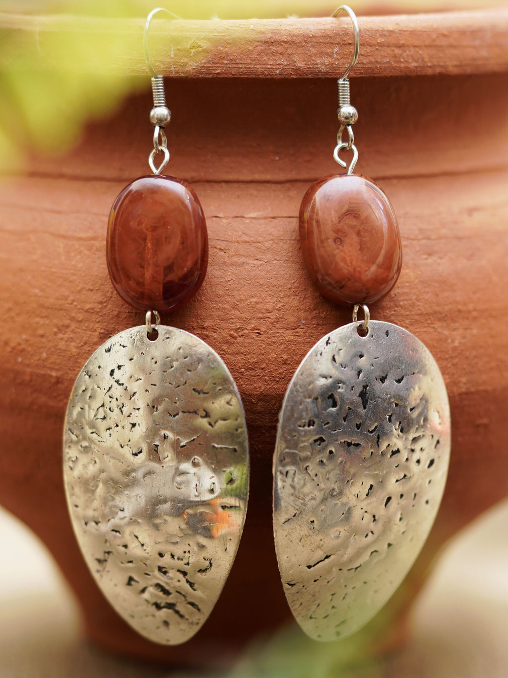 Brown Bead Hammered Oval Earrings