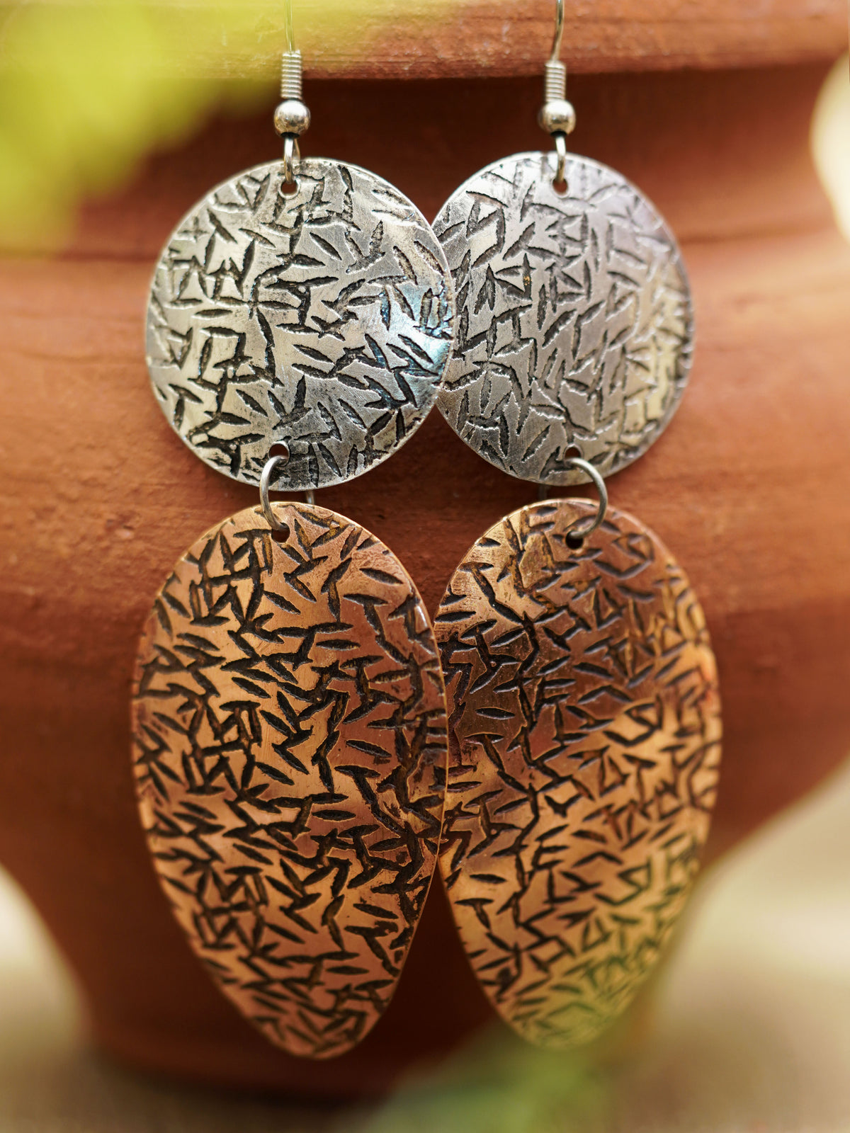 Dual-Tone Hammered Drop Earrings