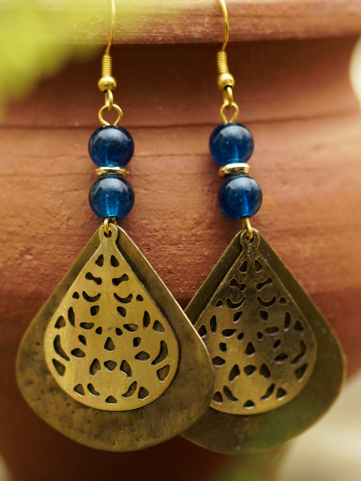 Blue Bead Filigree Teardrop Earrings