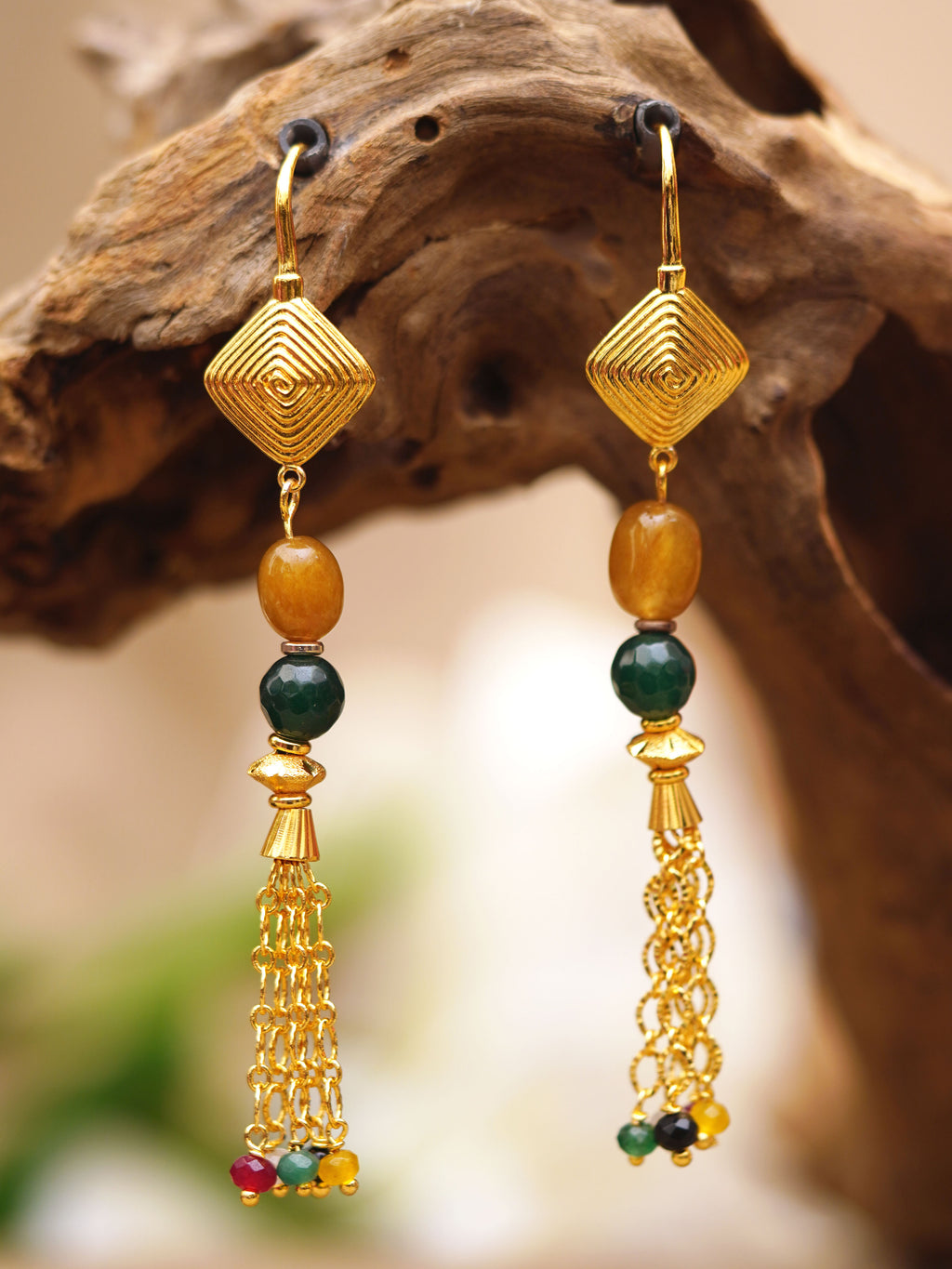 Ochre Green Tassel Drop Earrings