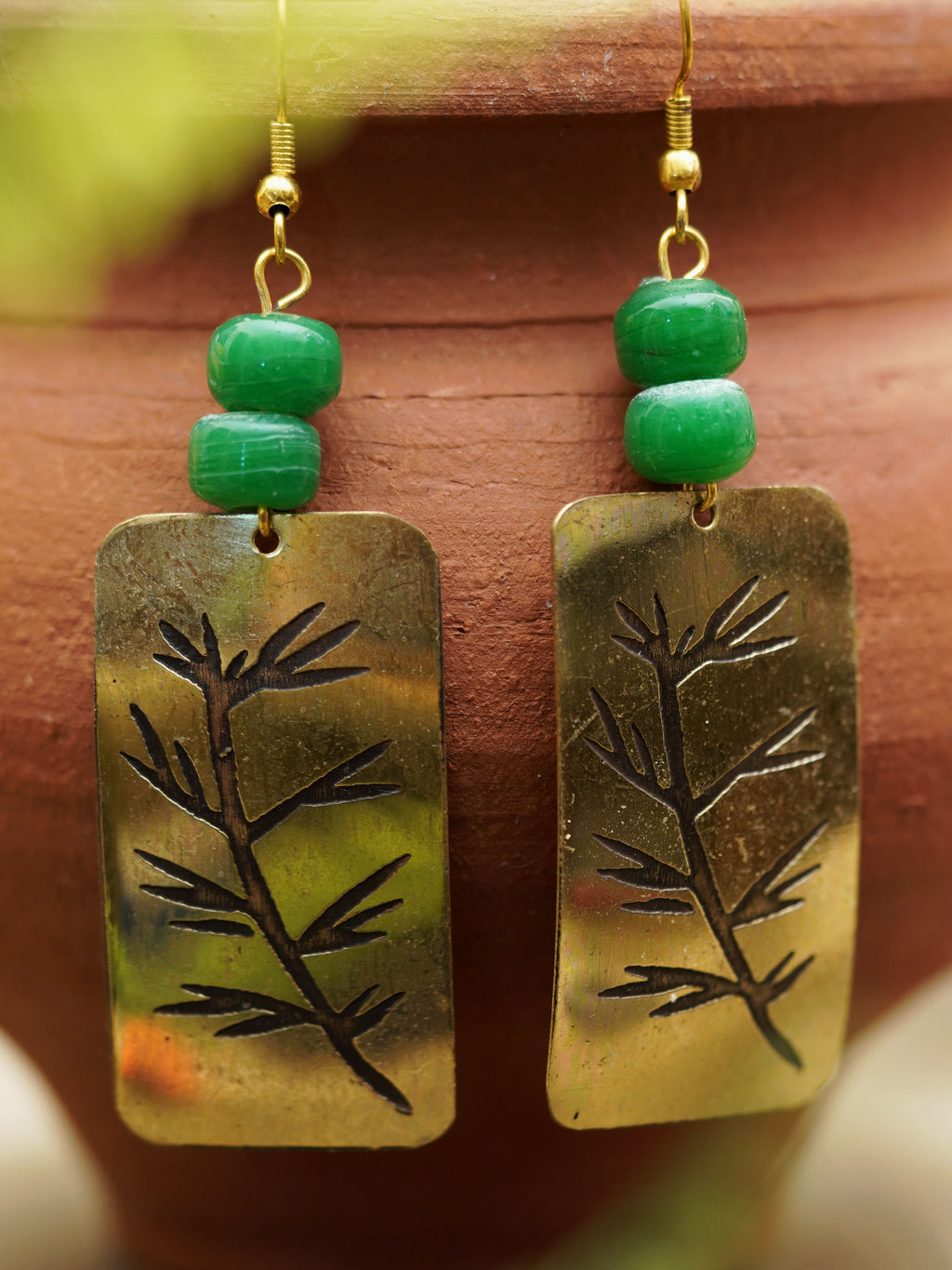 Green Bead Botanical Rectangle Earrings
