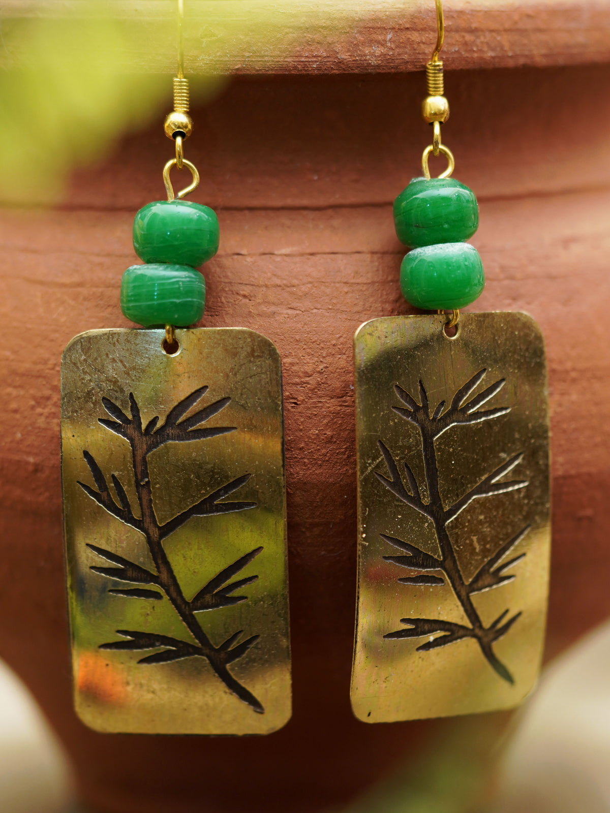 Green Bead Botanical Rectangle Earrings