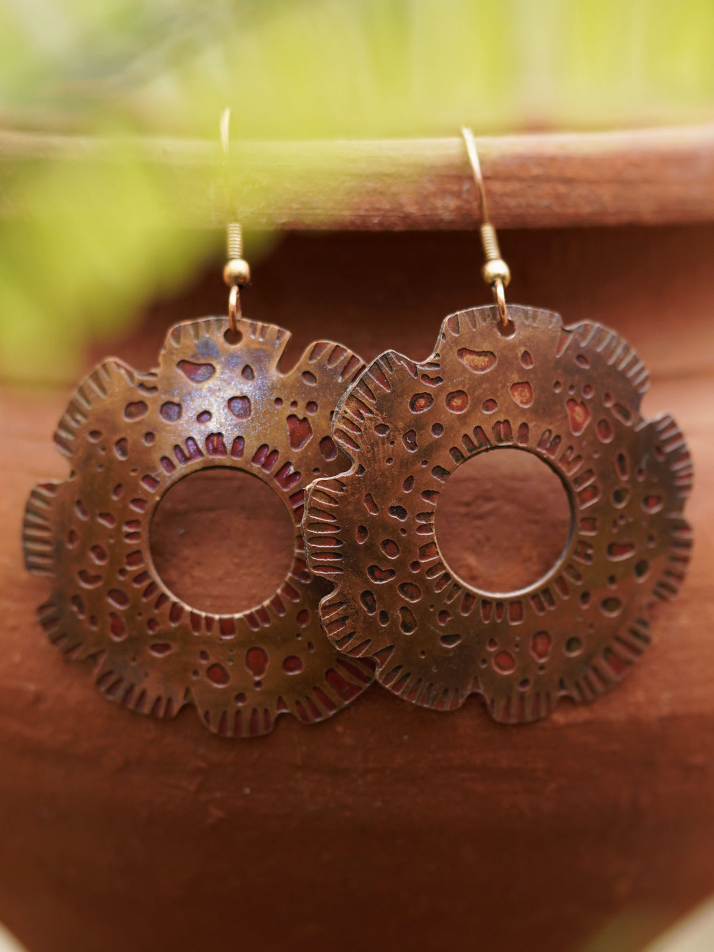 Hammered Copper Floral Hoop Earrings