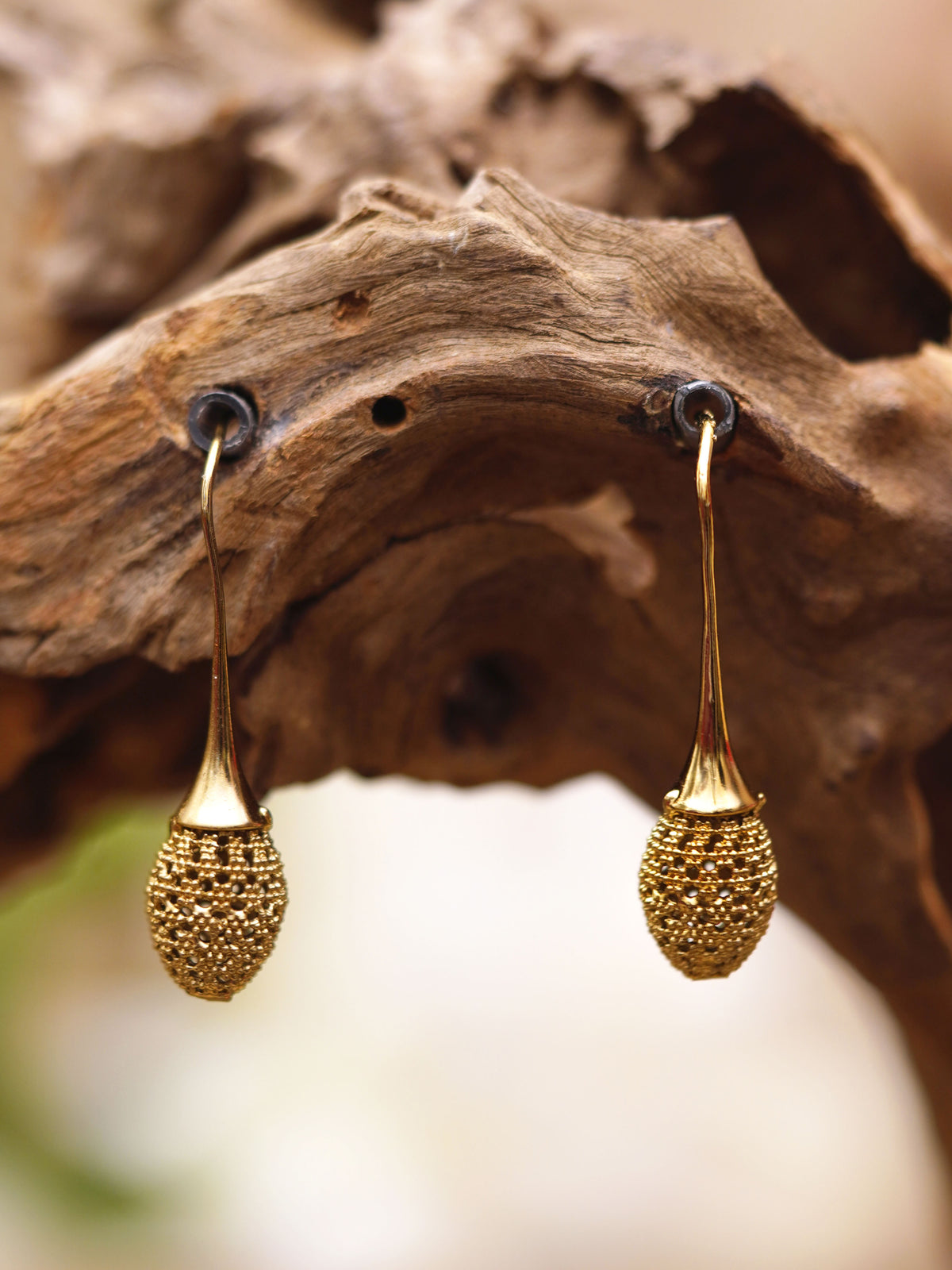 Golden Filigree Pod Drop Earrings