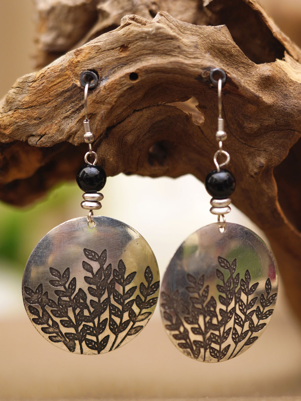 Silver Botanical Imprint Disc Earrings