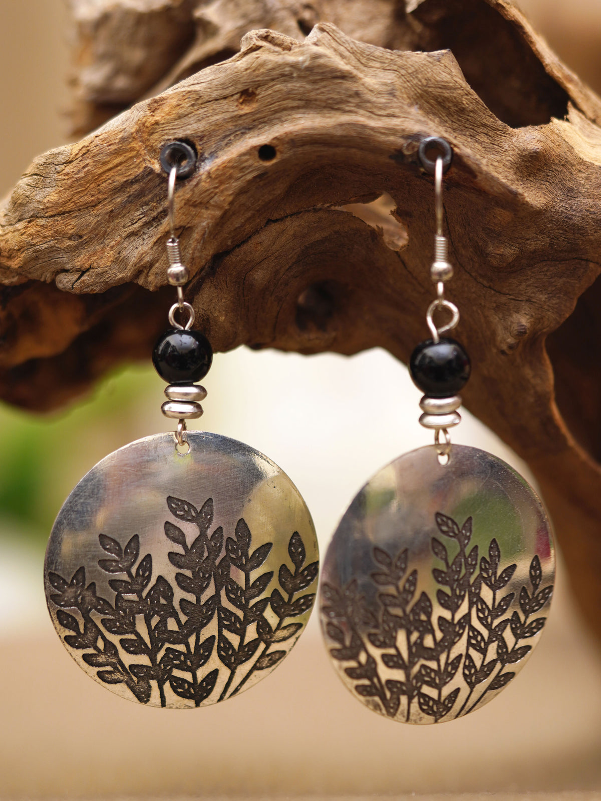 Silver Botanical Imprint Disc Earrings