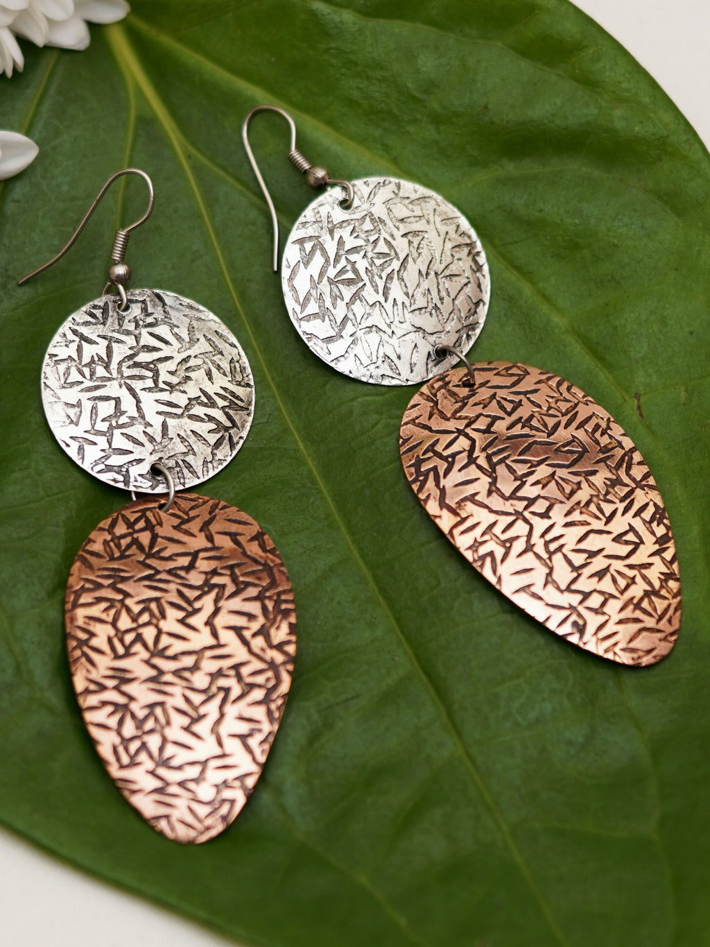 Dual-Tone Hammered Drop Earrings