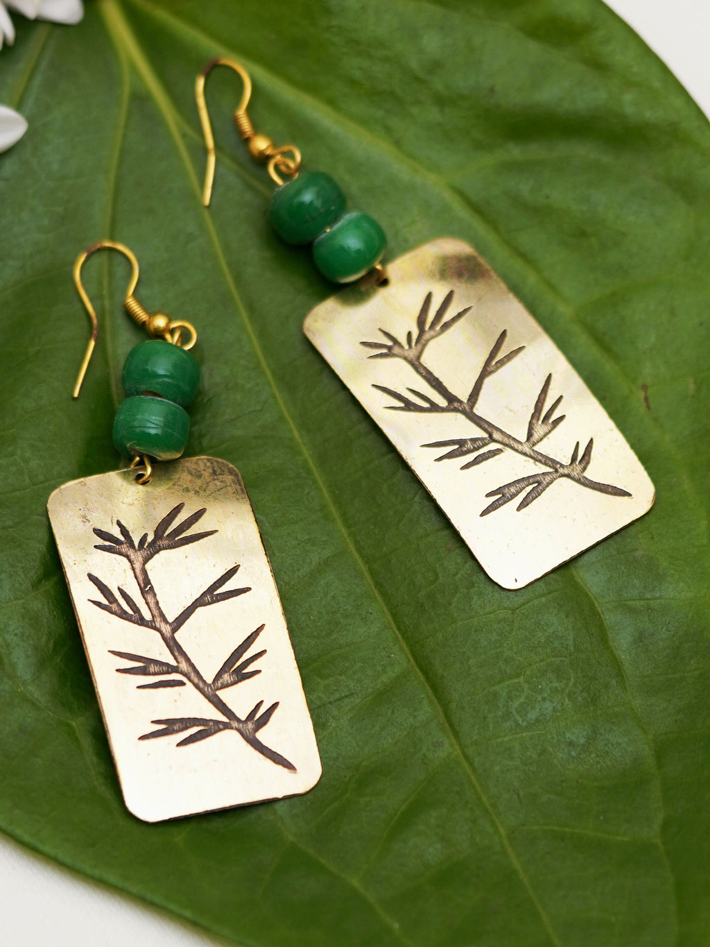 Green Bead Botanical Rectangle Earrings