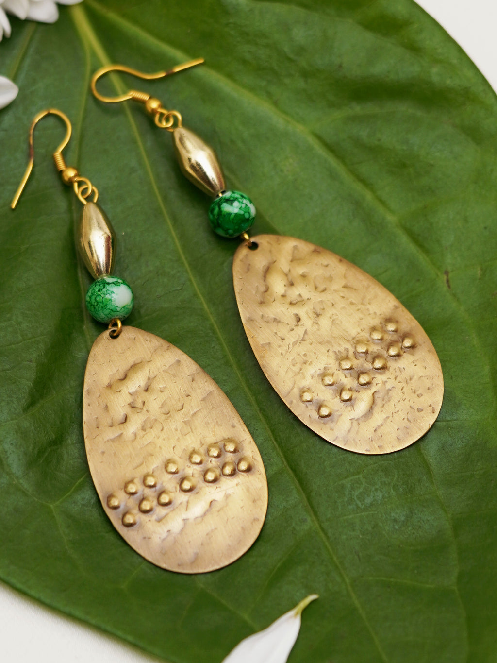 Green Bead Hammered Teardrop Earrings