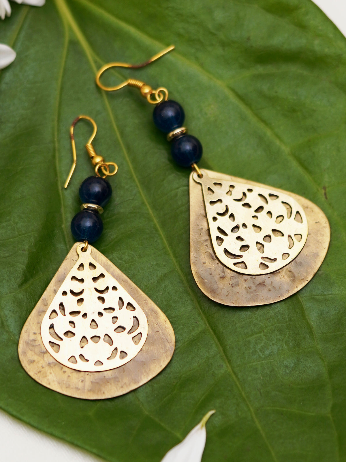 Blue Bead Filigree Teardrop Earrings
