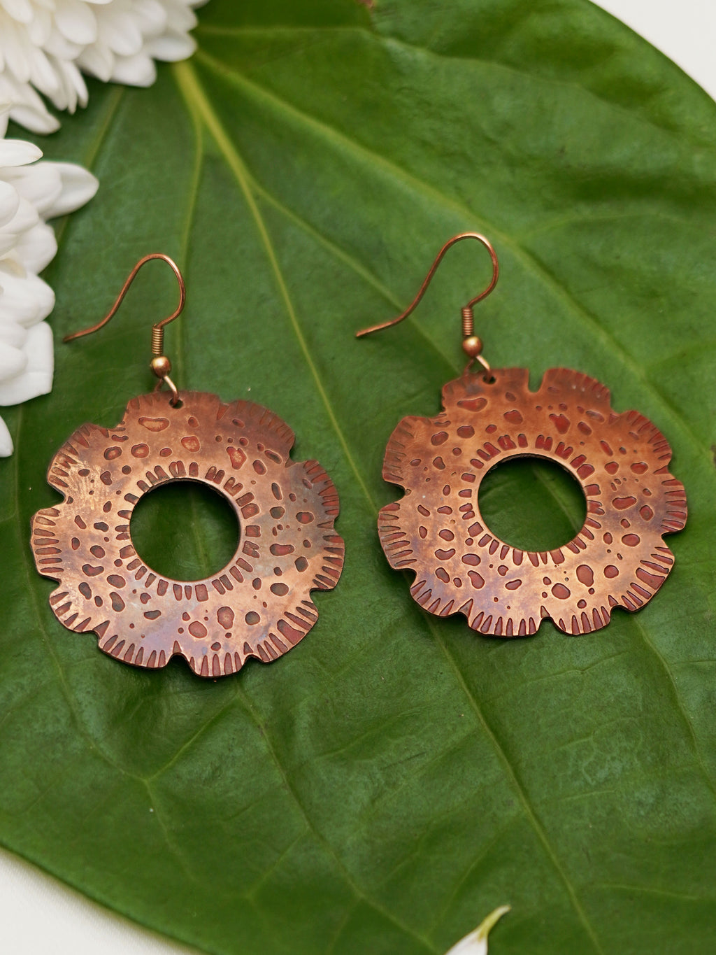 Hammered Copper Floral Hoop Earrings