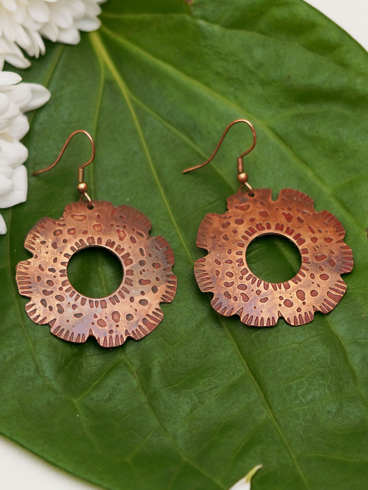 Hammered Copper Floral Hoop Earrings