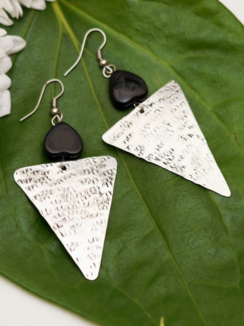 Black Bead Hammered Triangle Earrings