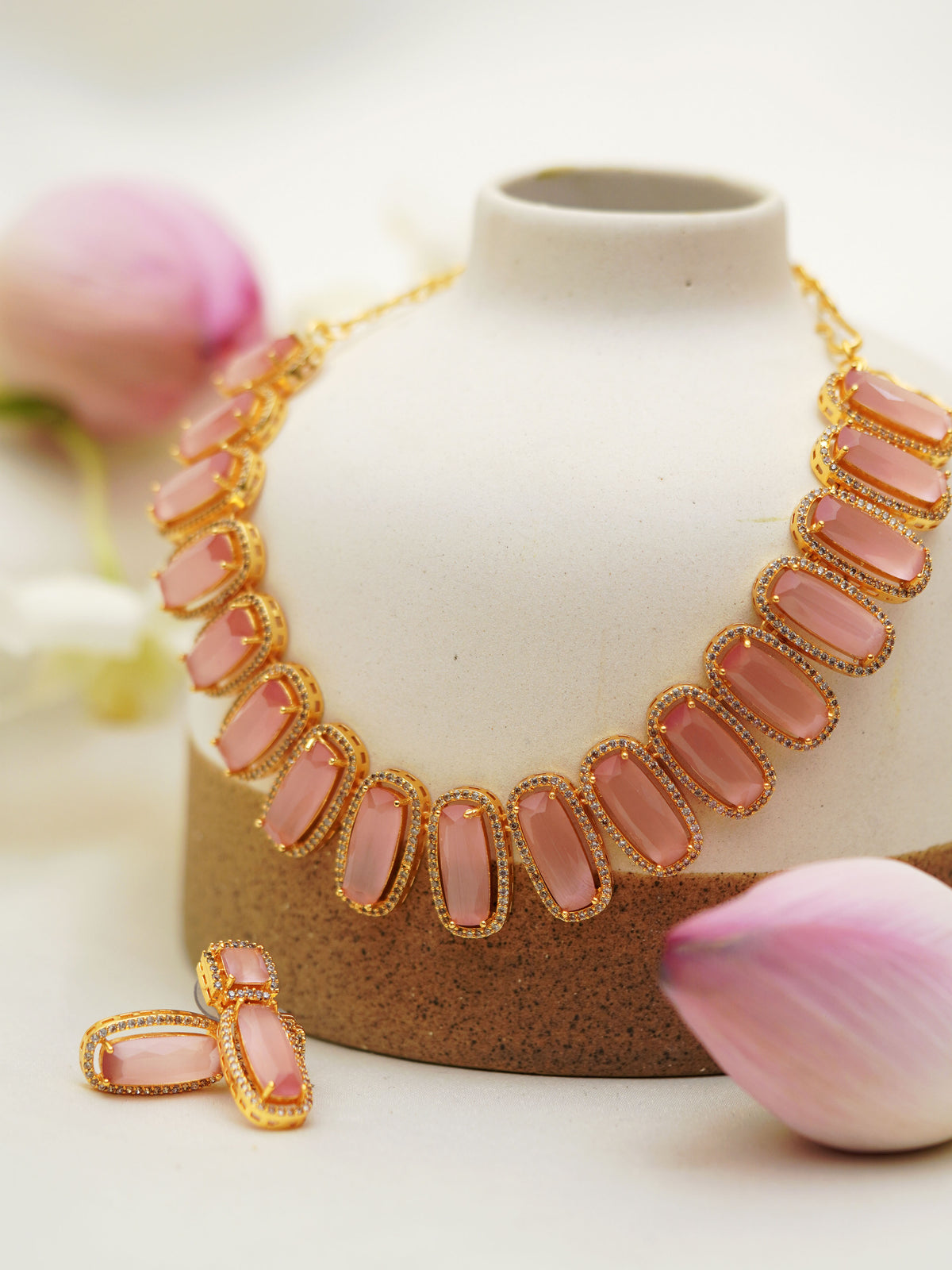 Blush Pink Rectangular Stone Necklace Set